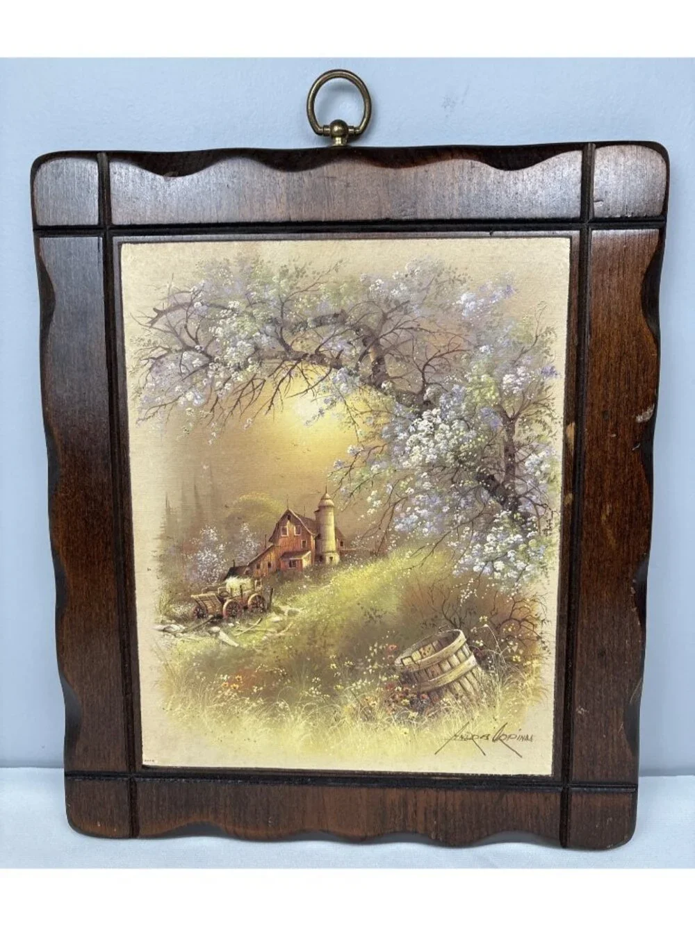 Rustic Wooden Wall Art Scenic Farmhouse Painting Gold-Tone 14x11
